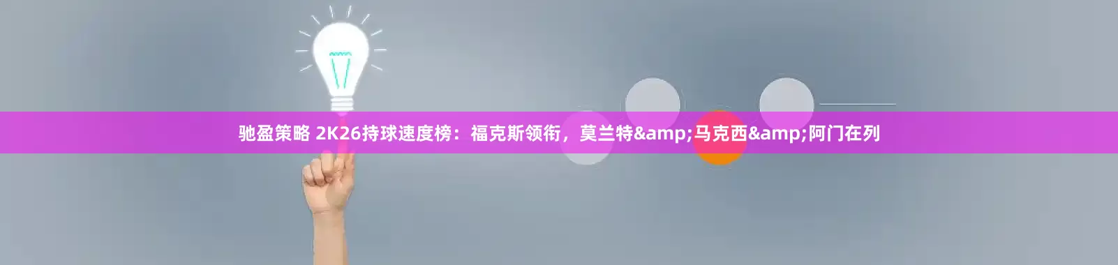 驰盈策略 2K26持球速度榜：福克斯领衔，莫兰特&马克西&阿门在列